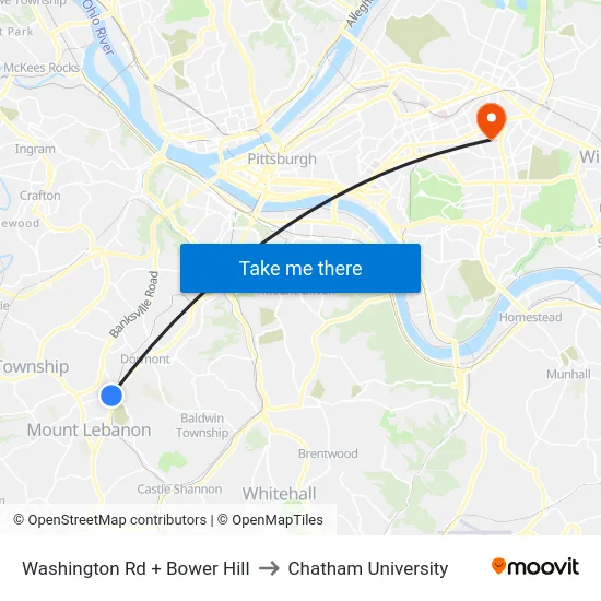 Washington Rd + Bower Hill to Chatham University map