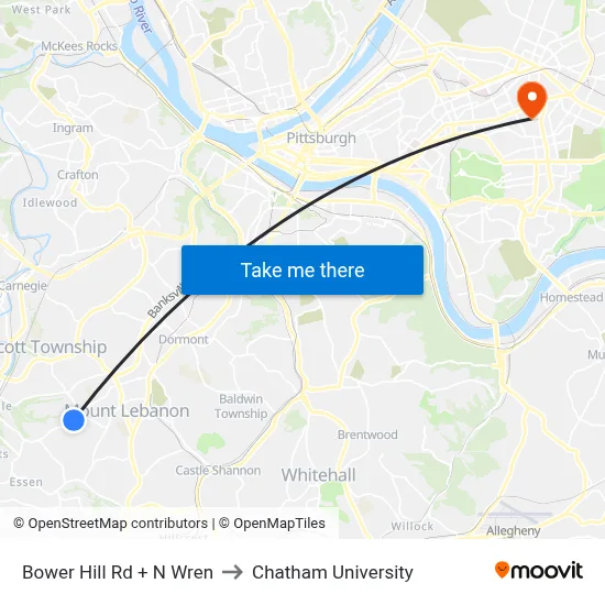 Bower Hill Rd + N Wren to Chatham University map