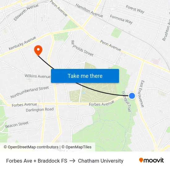 Forbes Ave + Braddock FS to Chatham University map