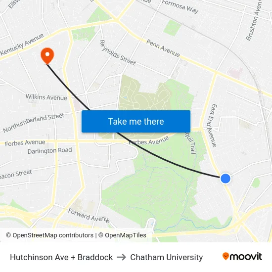 Hutchinson Ave + Braddock to Chatham University map