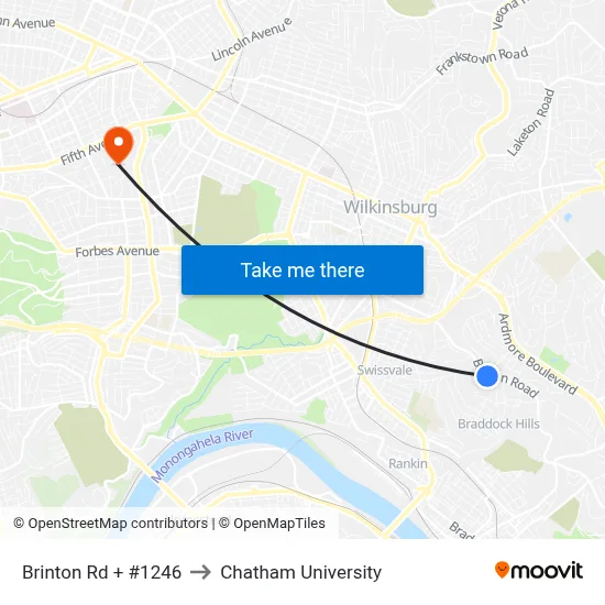 Brinton Rd + #1246 to Chatham University map