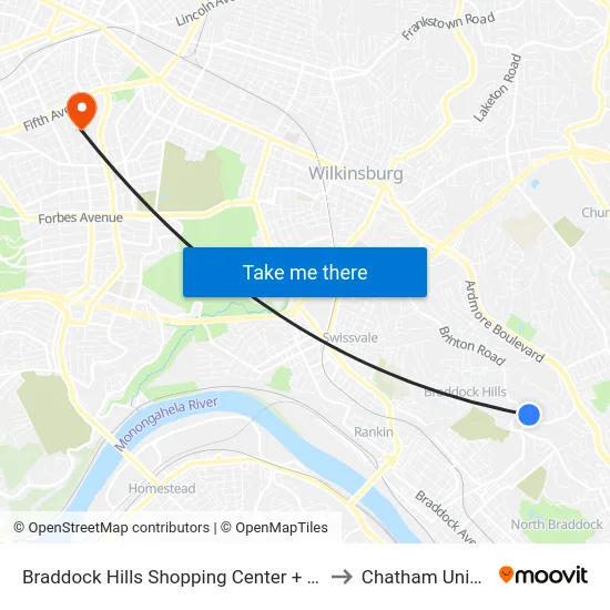 Braddock Hills Shopping Center + Giant Eagle to Chatham University map