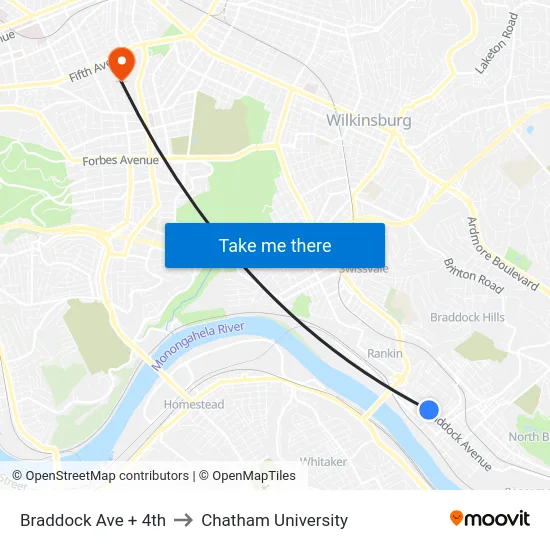 Braddock Ave + 4th to Chatham University map