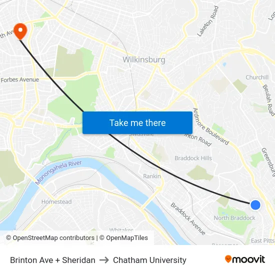 Brinton Ave + Sheridan to Chatham University map