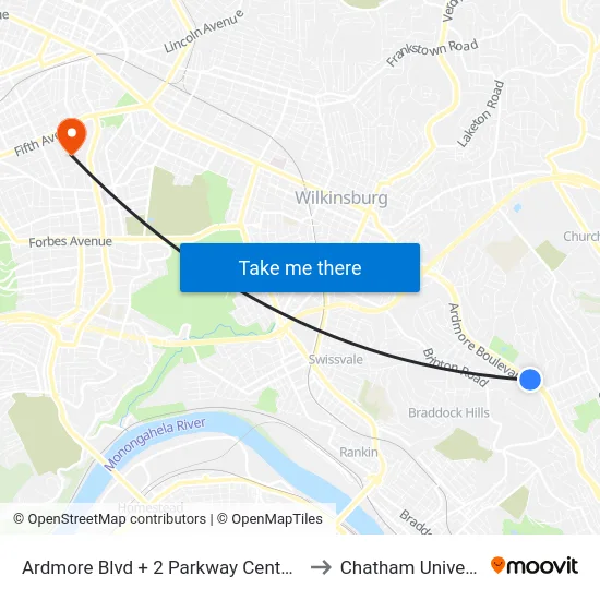 Ardmore Blvd + 2 Parkway Center East to Chatham University map
