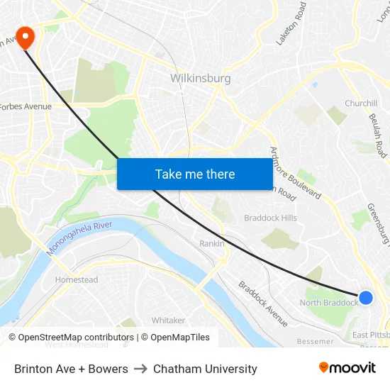 Brinton Ave + Bowers to Chatham University map