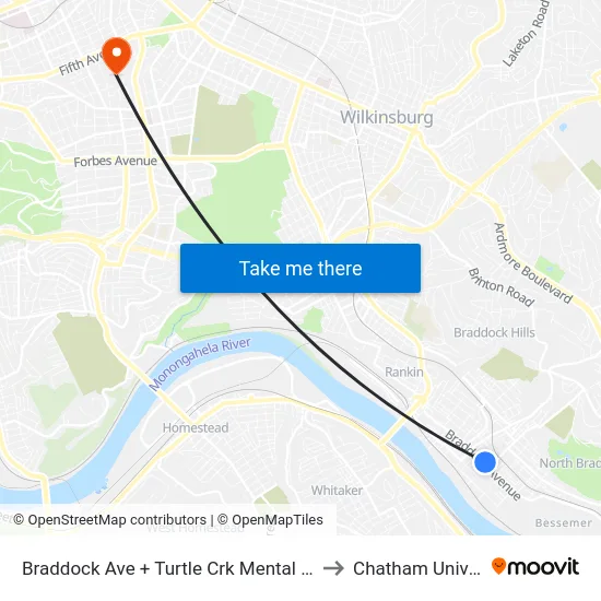 Braddock Ave + Turtle Crk Mental Health Ctr to Chatham University map