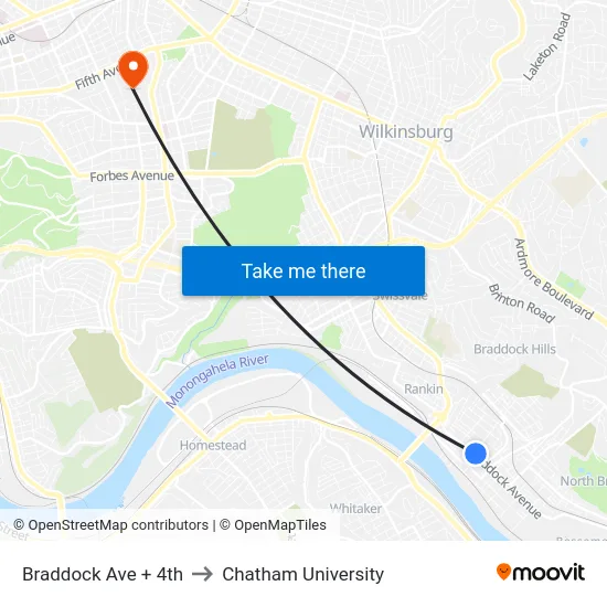 Braddock Ave + 4th to Chatham University map