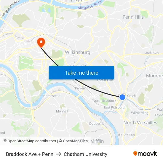 Braddock Ave + Penn to Chatham University map