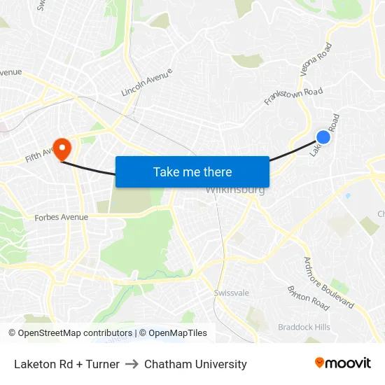 Laketon Rd + Turner to Chatham University map