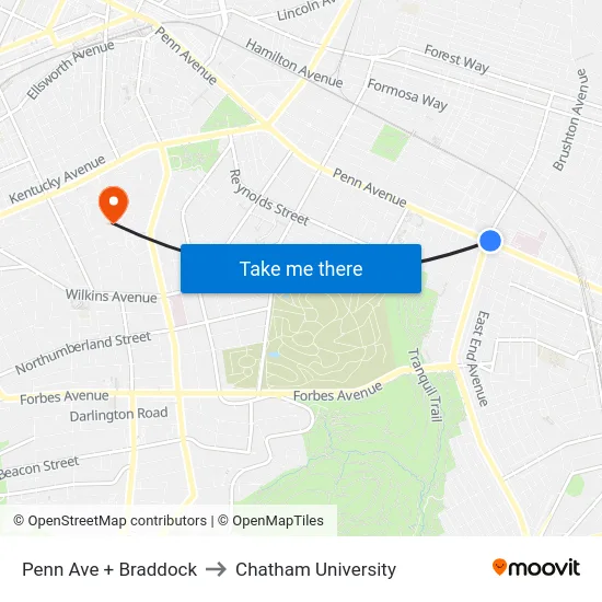 Penn Ave + Braddock to Chatham University map