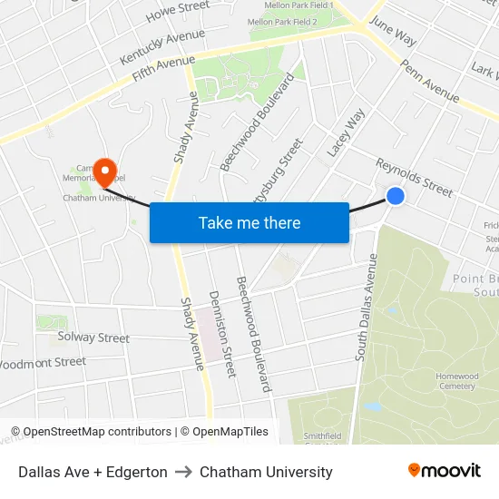 Dallas Ave + Edgerton to Chatham University map