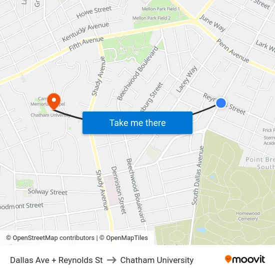 Dallas Ave + Reynolds St to Chatham University map