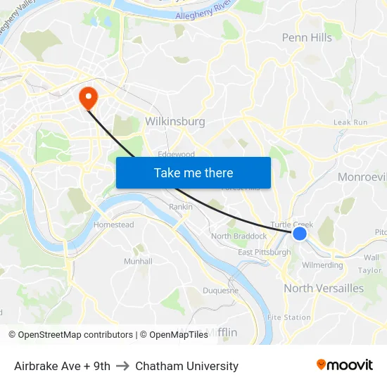 Airbrake Ave + 9th to Chatham University map