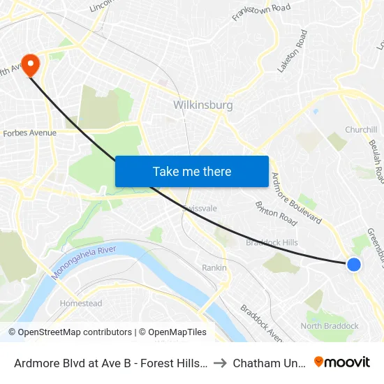 Ardmore Blvd at Ave B - Forest Hills Park And Ride to Chatham University map