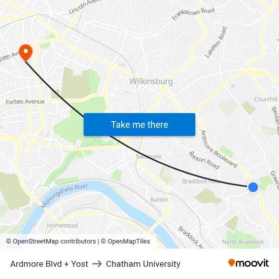 Ardmore Blvd + Yost to Chatham University map