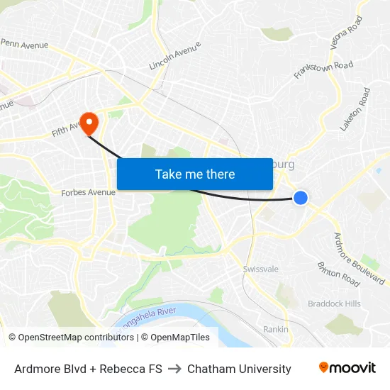 Ardmore Blvd + Rebecca FS to Chatham University map