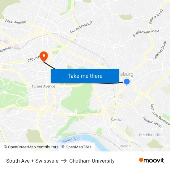 South Ave + Swissvale to Chatham University map