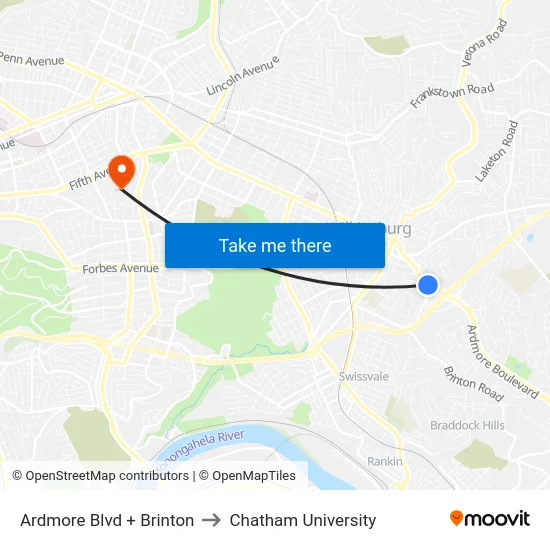 Ardmore Blvd + Brinton to Chatham University map