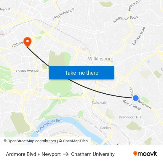 Ardmore Blvd + Newport to Chatham University map