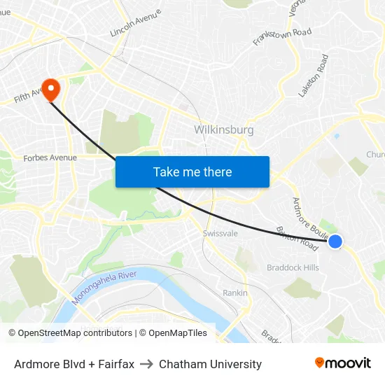 Ardmore Blvd + Fairfax to Chatham University map