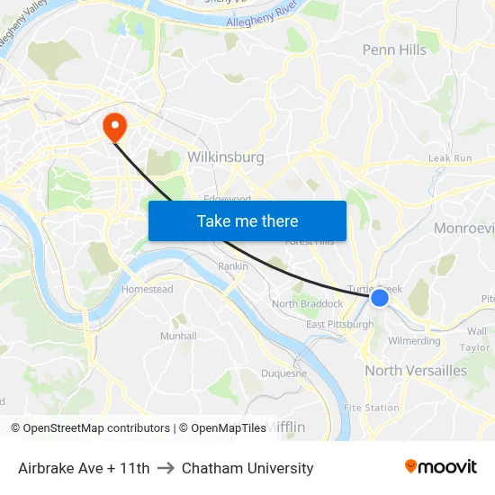 Airbrake Ave + 11th to Chatham University map