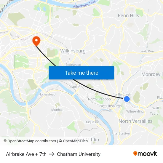 Airbrake Ave + 7th to Chatham University map