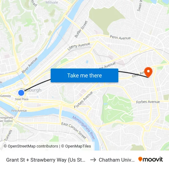 Grant St + Strawberry Way (Us Steel Tower) to Chatham University map