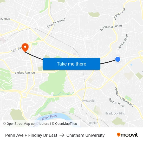 Penn Ave + Findley Dr East to Chatham University map