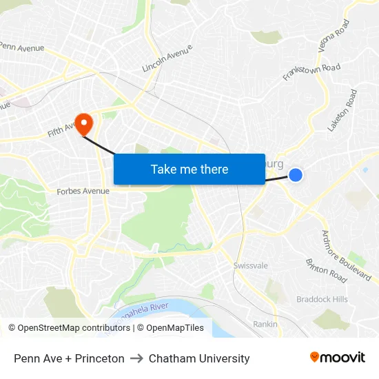 Penn Ave + Princeton to Chatham University map