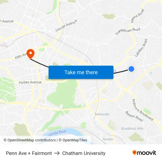 Penn Ave + Fairmont to Chatham University map