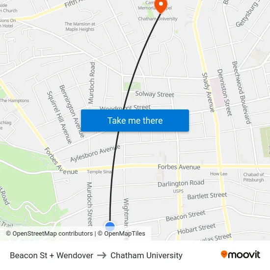 Beacon St + Wendover to Chatham University map