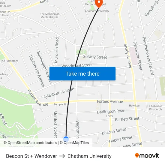 Beacon St + Wendover to Chatham University map