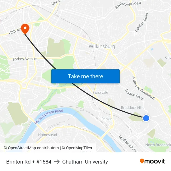 Brinton Rd + #1584 to Chatham University map