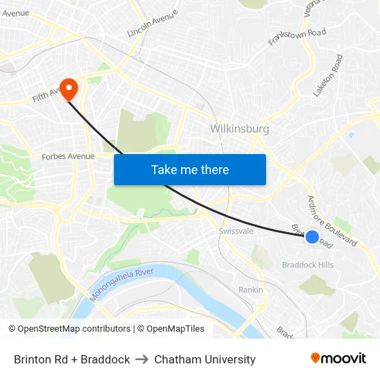 Brinton Rd + Braddock to Chatham University map