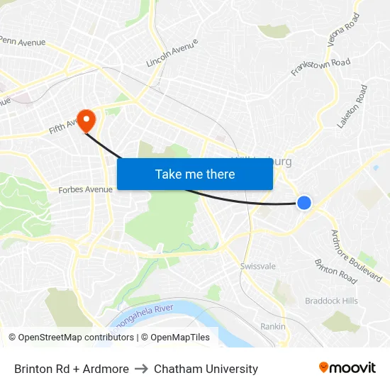 Brinton Rd + Ardmore to Chatham University map