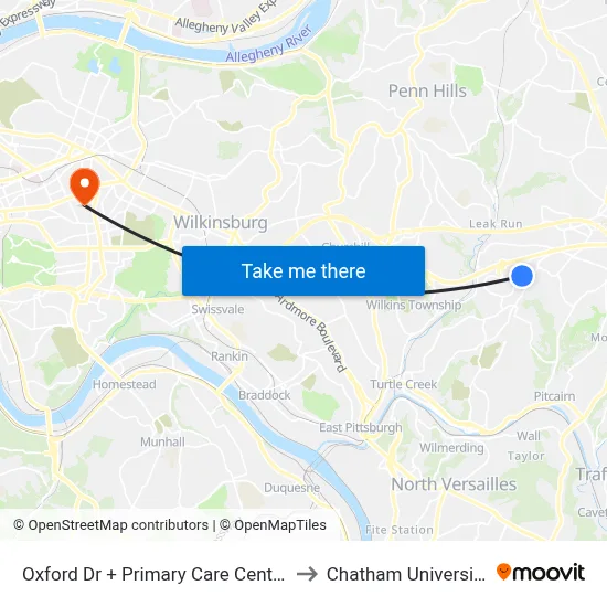 Oxford Dr + Primary Care Center to Chatham University map