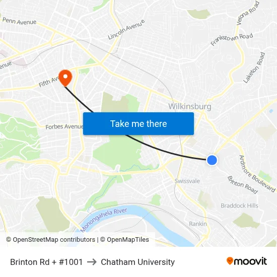 Brinton Rd + #1001 to Chatham University map