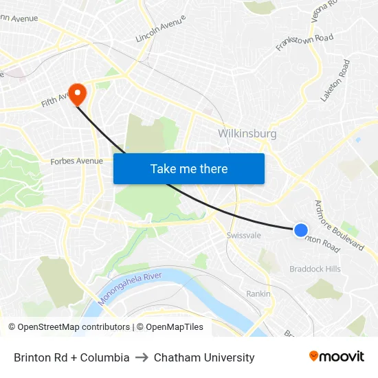 Brinton Rd + Columbia to Chatham University map