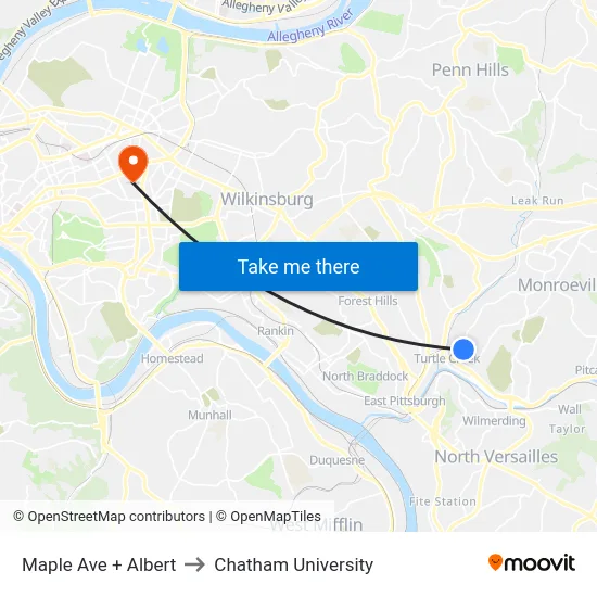 Maple Ave + Albert to Chatham University map