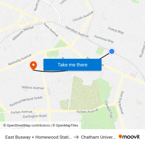 East Busway + Homewood Station A to Chatham University map