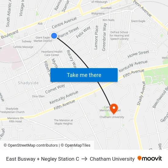 East Busway + Negley Station C to Chatham University map