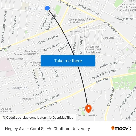Negley Ave + Coral St to Chatham University map