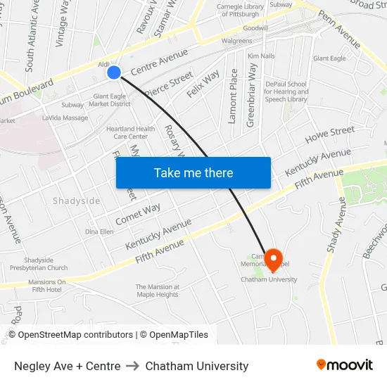 Negley Ave + Centre to Chatham University map