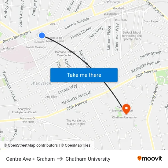 Centre Ave + Graham to Chatham University map
