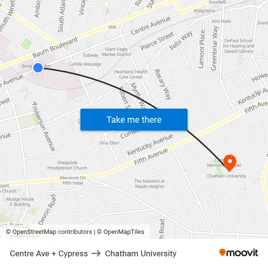 Centre Ave + Cypress to Chatham University map
