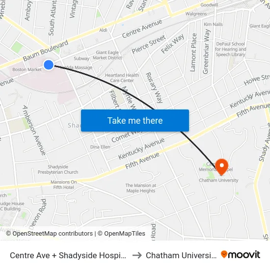 Centre Ave + Shadyside Hospital to Chatham University map