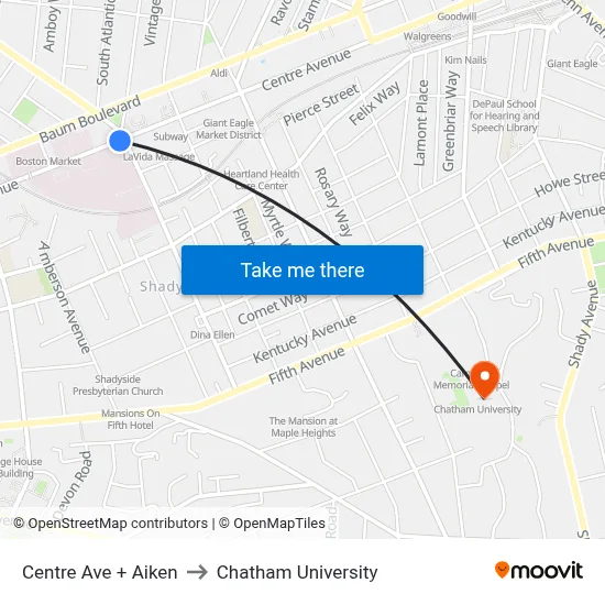 Centre Ave + Aiken to Chatham University map