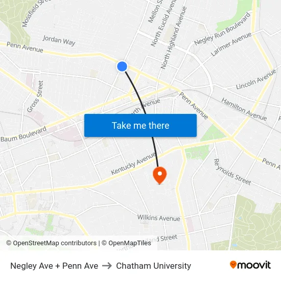 Negley Ave + Penn Ave to Chatham University map
