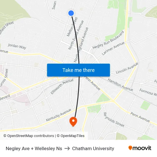 Negley Ave + Wellesley Ns to Chatham University map